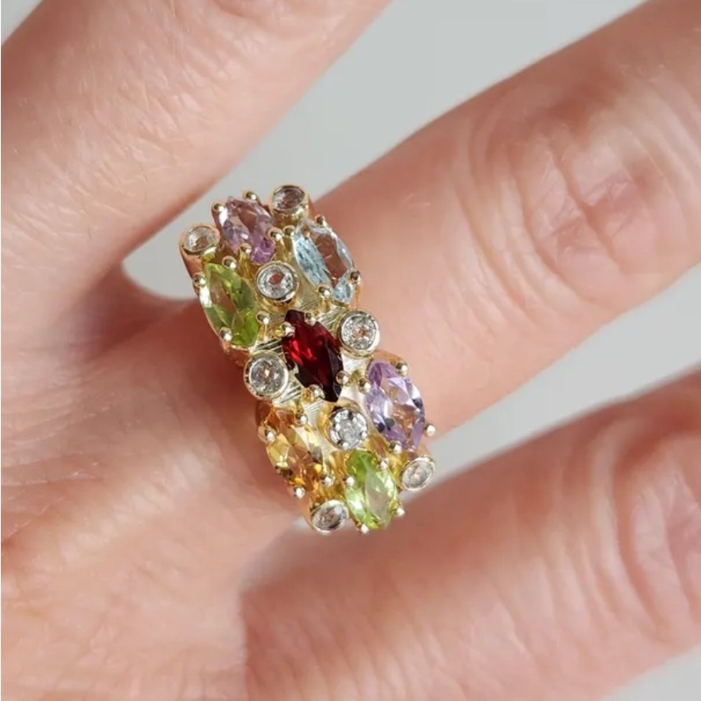 Vermeil Gold Multi-Gemstone Topaz Garnet Amethyst  Peridot Citrine Ring Size 8